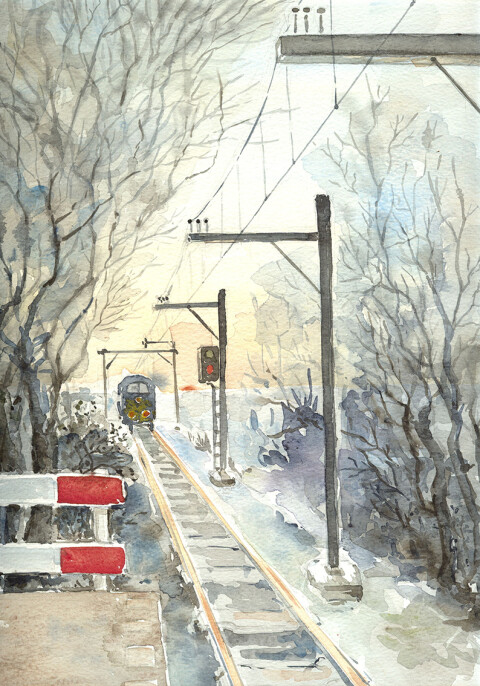 Leiden, station Lammerschans, aquarel, 35,6 x 25,4 cm